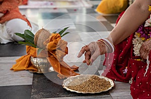 Indian traditional wedding. authentic Vedic wedding ritual called vivaha Yajna. Red Sari, women hands with mehendi close