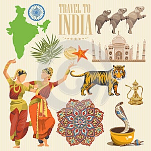 Indian travel colorful template. Indian detailed set. Travel to India. I love India. Vector illustration in vintage style