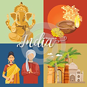 Indian travel colorful template. Indian set. Travel to India. I love India. Vector illustration in vintage style