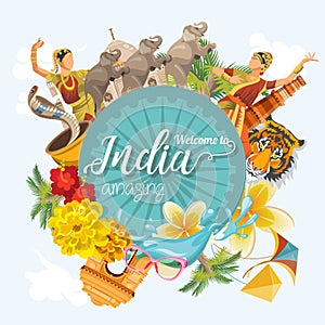 Indian travel colorful template. Indian set. Welcome to amazing India. I love India. Vector illustration in vintage style