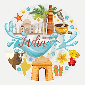 Indian travel colorful template. Indian set. Welcome to India. I love India. Vector illustration in vintage style