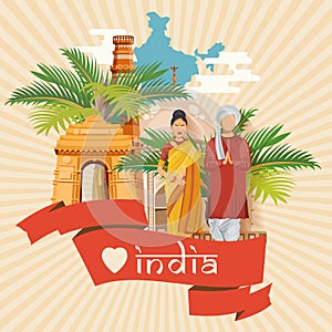 Indian travel colorful template with indians. Travel to India. I love India. Vector illustration in vintage style