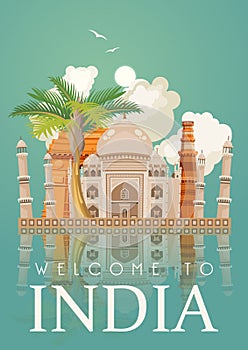 Indian travel colorful template with mirror effect. India. Vector illustration in retro style