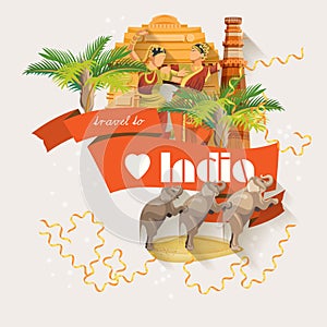 Indian travel colorful template with traditional indian icons. I love India. Vector illustration in retro style
