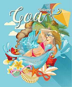 Indian travel colorful template. Welcome to Goa. I love India. Vector illustration in vintage style