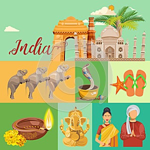 Indian travel template. I love India. Vector illustration in vintage style