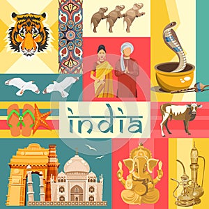 Indian travel template on vibrant background. I love India. Vector illustration in vintage style