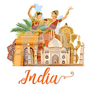 Indian travel template on white background. I love India. Vector illustration in vintage style