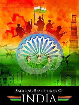 Indian tricolor background saluting real heroes of India showing armed force and women pilot
