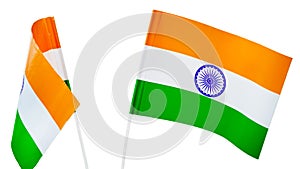 Indian tricolor national flag on white background. Independence Day and Republic Day of India. Flying Indian Tiranga flag close-up
