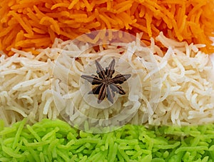 Indian Tricolour or Tiranga Rice for indian Republic and Independence day celebration served in a ceramic plate
