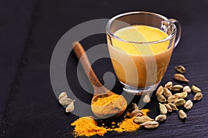 Indian turmeric milk with saffron, cardamom and turmeric. Copyspace