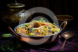 Indian vegetable biryani and pulav served in a ceramic bowl