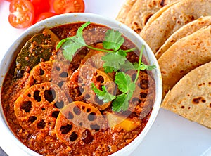 Indian vegetarian meal - lotus stem curry with roti