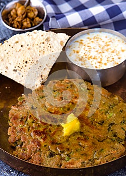 Indian vegetarian meal with pickle papad and yogurt raita