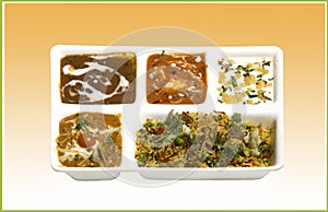 Indian vegetarian thali meal with dal makhani, Shai paneer,card,vegetable biryani