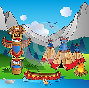 Indian village with totem and canoe