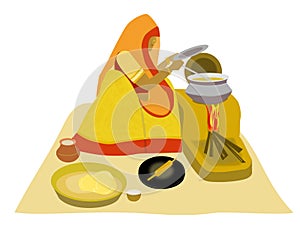 Illustrazione di un Nord rurale Villaggio Indiano signora, il suo viso velato, indossando i loro abiti tradizionali, seduta su di un pavimento in argilla battuta e l'agitazione di cottura dei cibi nella pentola sul focolare.