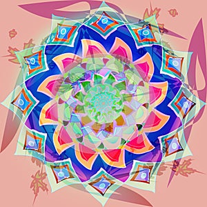 Indian vintage mandala flower in pastel colors, abstract background in soft pink and burgundy centra flower in green, pink, orange