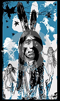 Indian Warrior, Sitting Bull portrait - Freehand sketch, vector
