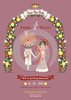 Indian Wedding Bride & Groom Cartoon Romantic Dark Pink Invitation