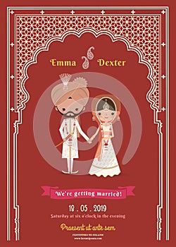 Indian Wedding Bride & Groom Cartoon Save The Date Card