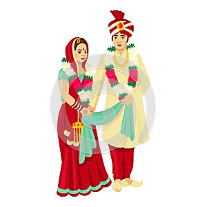 Indian wedding couple in traditional dresses. Vector design for wedding invitation