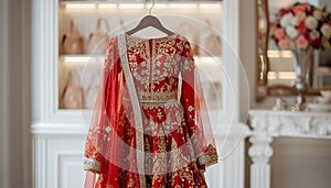 Indian wedding dress. Bridal lehenga. Bollywood red with gold wedding attire on hanger in luxury interior background. Festive
