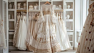 Indian wedding dress. Bridal lehenga. Bollywood white with gold wedding attire on hanger in luxury clothes shop background.