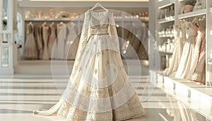 Indian wedding dress. Bridal lehenga. Bollywood white with gold wedding attire on hanger in luxury clothes shop background.