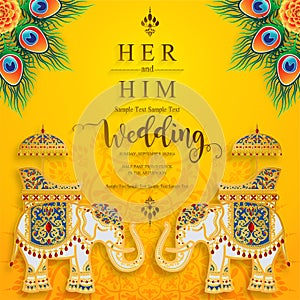 InIndian wedding Invitation carddian wedding Invitation card templates with gold patterned and crystals on paper color Background.