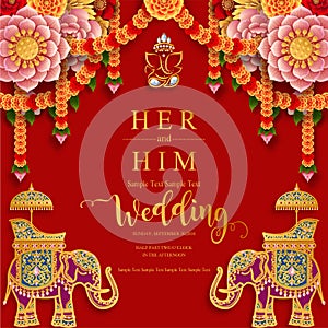 Indian wedding Invitation carddian wedding Invitation card templates with gold patterned and crystals on paper color Background.