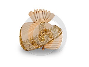 Indian Wedding safa Turban pagdi for Men Golden Color Dulha Marriage pagdi for Bridegroom in White Background photo