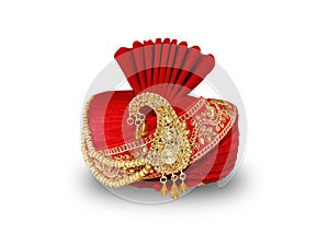 Indian Wedding safa Turban pagdi for Men Golden Color Dulha Marriage pagdi for Bridegroom in White Background photo