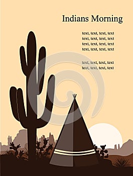 Indian wigwam silhouette with saguaro cacti, son , and mountains. American landscape with tribal tents