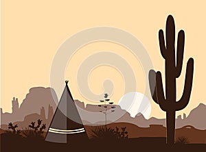 Indian wigwam silhouette with saguaro cacti, son , and mountains. American landscape with tribal tents