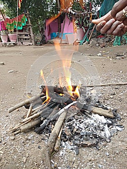 Indian winter wooding fire in village