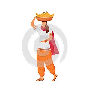 Indian woman with bananas flat color vector faceless character