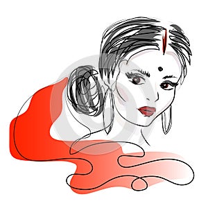 Indian woman. Beautiful attractive indian woman in a red sari. Beauty with brown eyes. Vector drawing.