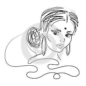 Indian woman. Beautiful attractive Indian woman. Vector drawing. Black and white image.