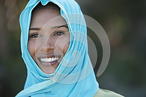 Indian Woman In Blue Headscarf