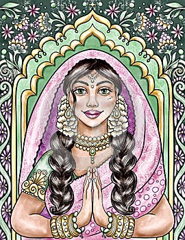 Indian woman bride in traditional sari outfit with ornamental background, colorful illustration