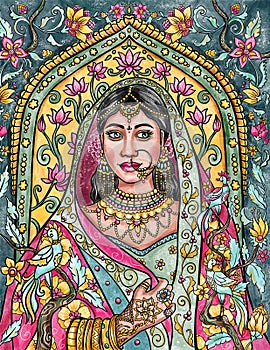 Indian woman bride in traditional sari outfit with ornamental background, colorful illustration