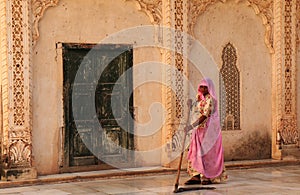 Indian woman cleaning Mehrangarh Fort Jodhpur India