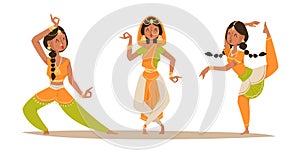 Indian woman dancing vector isolated dancers silhouette icons people India dance show movie, cinema cartoon beauty girl