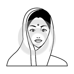 Indian woman face avatar cartoon in black and white photo