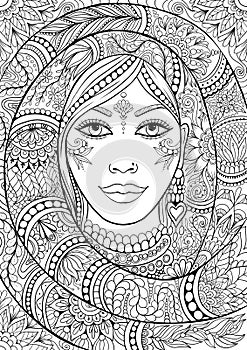 Indian woman face portrait with ornamental background in zentangle style, adult coloring book page