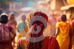 Indian woman on the ghats of Varanasi, Uttar Pradesh, India, Indian people rear view celebrate the Holi festival in India.