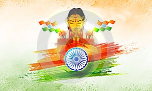 Indian woman greeting Namaste, Ashoka Wheel and Waving Flags on