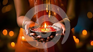 Indian Woman holding lit diya lamp in hands, closeup. Diwali celebration